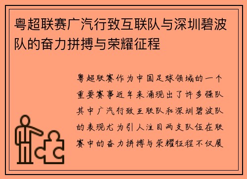 粤超联赛广汽行致互联队与深圳碧波队的奋力拼搏与荣耀征程 粤超联赛广汽行致互联队与深圳碧波队的奋力拼搏与荣耀征程